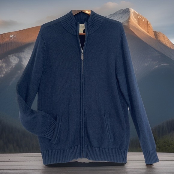 Y2K LL Bean Full Zip Sweater Mens M Tall Navy Cotton Knit Cardigan Pockets Dad